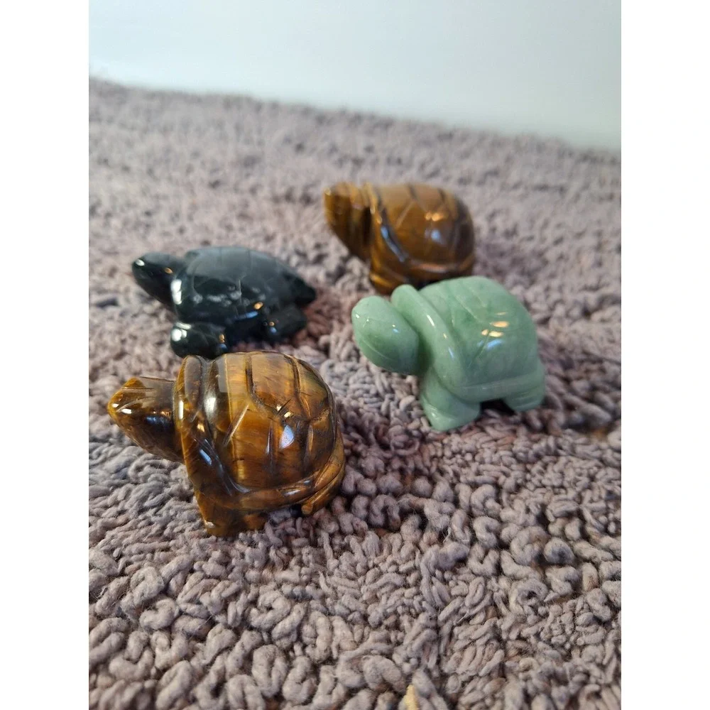 Turtle Lovers Stone Figurines 4 Pc Set Tiger Eye, Aventurine,  Moss Agate  2